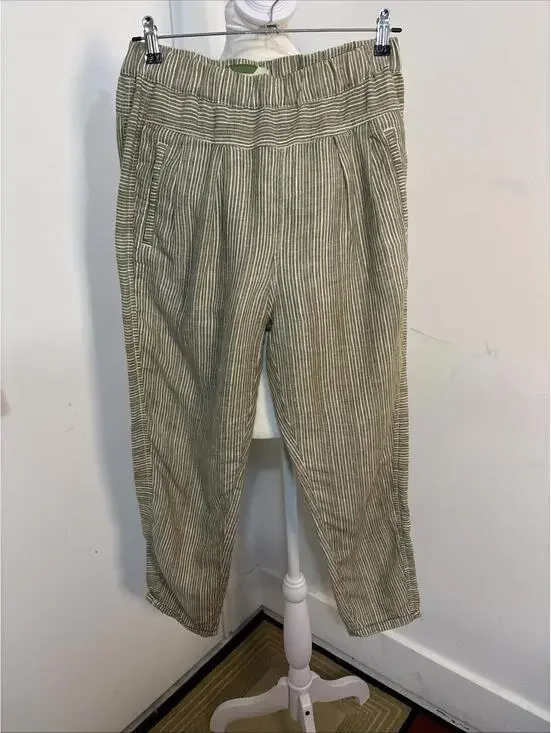 By Anthropologie Pants Womens XSmall Green Stripe 100% Linen Pull On Ankle Crop - Picture 2 of 16
